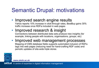 Semantic Drupal: motivations <ul><li>Improved search engine results Yahoo reports 15% increase in click-through rates, Bes...