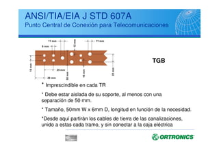 ANSI/EIA/TIA 569-A
Salas de Equipos (ER)
Sistema de Alimentación Ininterumpida. Hasta 100 KVA
debe preveerse espacio para instalación dentro del ER. Si
UPS superior a 100 KVA debe instalarse fuera del ER.
Ubicado lejos de fuentes electromágneticas, especial
atención con transformadores eléctricos y motores de
potencia. Fuera de verticales de agua y lugares con
posibilidad de filtracción.
Instalación de extintores en el propio ER.
Iluminación superior a 500 Lúmenes, medidos a 1 mt
 