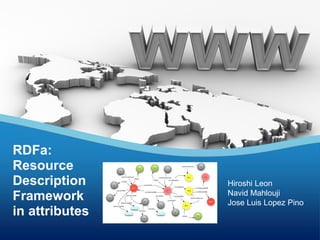 RDFa:
Resource
Description     Hiroshi Leon
                Navid Mahlouji
Framework       Jose Luis Lopez Pino
in attributes
 