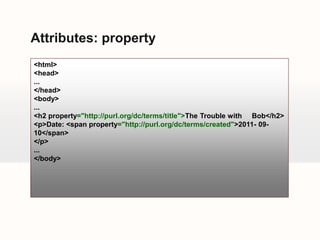 Attributes: property
<html>
<head>
...
</head>
<body>
  1
...
<h2 property="http://purl.org/dc/terms/title">The Trouble wi...