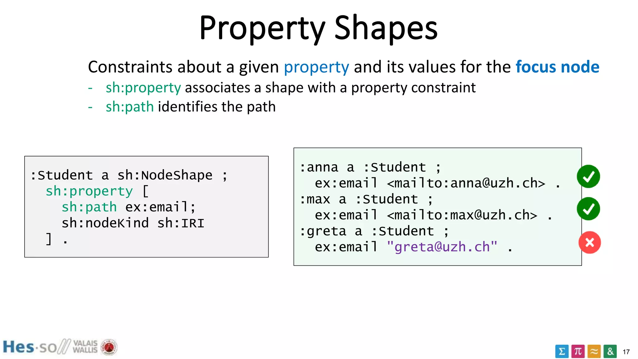 17
Property Shapes
Constraints about a given property and its values for the focus node
- sh:property associates a shape with a property constraint
- sh:path identifies the path
:Student a sh:NodeShape ;
sh:property [
sh:path ex:email;
sh:nodeKind sh:IRI
] .
:anna a :Student ;
ex:email <mailto:anna@uzh.ch> .
:max a :Student ;
ex:email <mailto:max@uzh.ch> .
:greta a :Student ;
ex:email "greta@uzh.ch" .
 