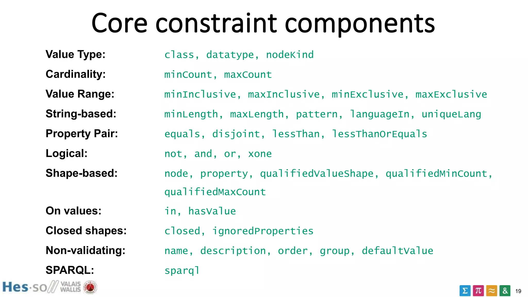 19
Core constraint components
Value Type: class, datatype, nodeKind
Cardinality: minCount, maxCount
Value Range: minInclusive, maxInclusive, minExclusive, maxExclusive
String-based: minLength, maxLength, pattern, languageIn, uniqueLang
Property Pair: equals, disjoint, lessThan, lessThanOrEquals
Logical: not, and, or, xone
Shape-based: node, property, qualifiedValueShape, qualifiedMinCount,
qualifiedMaxCount
On values: in, hasValue
Closed shapes: closed, ignoredProperties
Non-validating: name, description, order, group, defaultValue
SPARQL: sparql
 