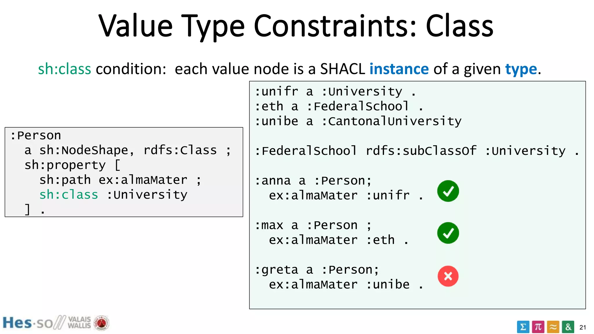 21
Value Type Constraints: Class
sh:class condition: each value node is a SHACL instance of a given type.
:Person
a sh:NodeShape, rdfs:Class ;
sh:property [
sh:path ex:almaMater ;
sh:class :University
] .
:unifr a :University .
:eth a :FederalSchool .
:unibe a :CantonalUniversity
:FederalSchool rdfs:subClassOf :University .
:anna a :Person;
ex:almaMater :unifr .
:max a :Person ;
ex:almaMater :eth .
:greta a :Person;
ex:almaMater :unibe .
 