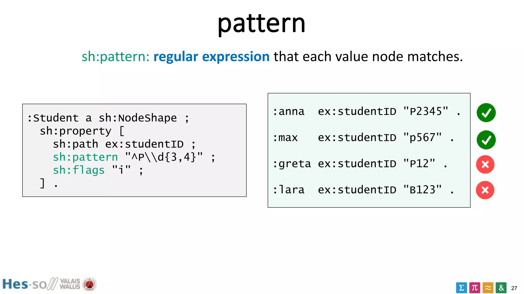 27
pattern
:Student a sh:NodeShape ;
sh:property [
sh:path ex:studentID ;
sh:pattern "^Pd{3,4}" ;
sh:flags "i" ;
] .
:anna ex:studentID "P2345" .
:max ex:studentID "p567" .
:greta ex:studentID "P12" .
:lara ex:studentID "B123" .
sh:pattern: regular expression that each value node matches.
 