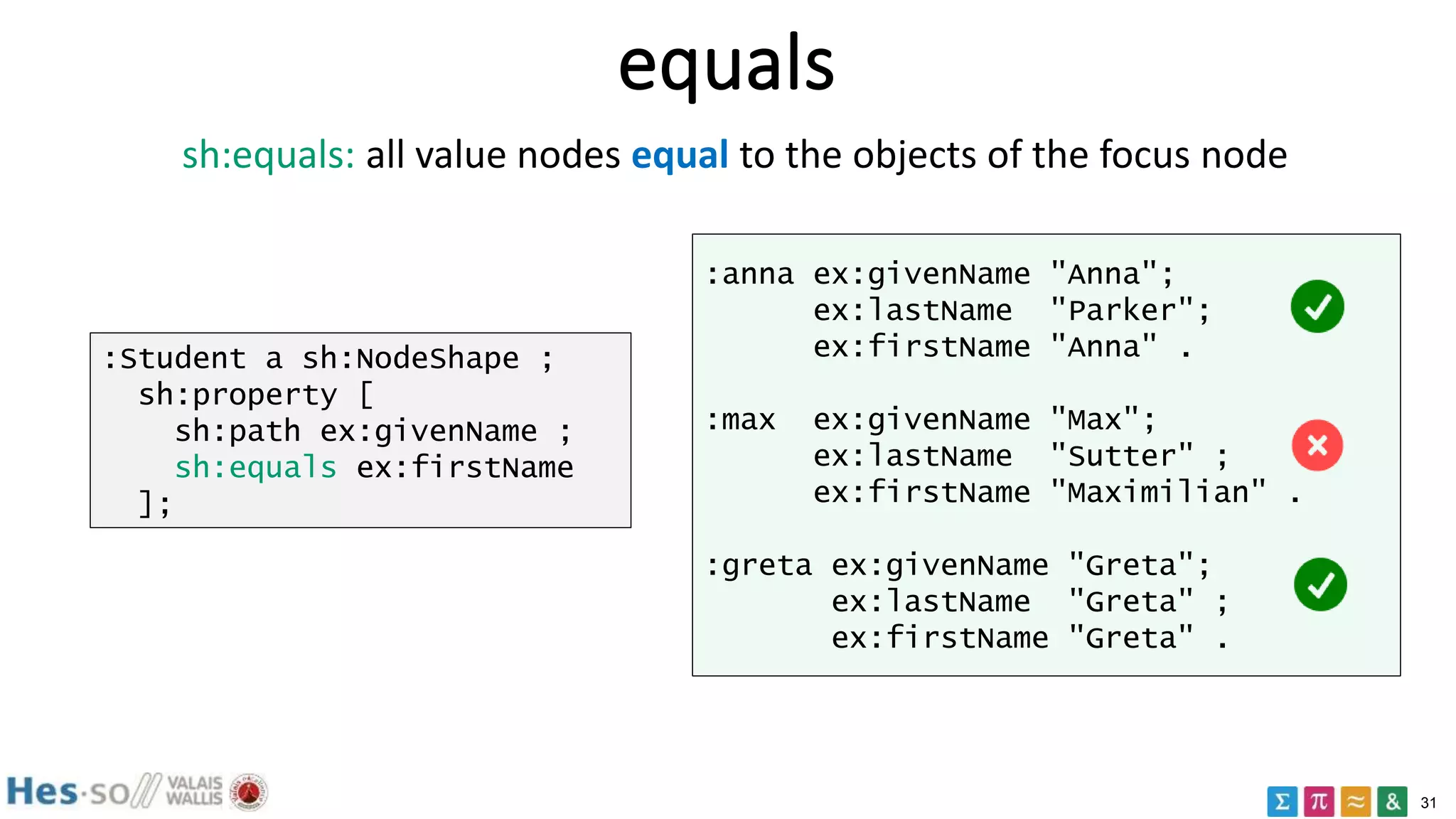 31
equals
:Student a sh:NodeShape ;
sh:property [
sh:path ex:givenName ;
sh:equals ex:firstName
];
:anna ex:givenName "Anna";
ex:lastName "Parker";
ex:firstName "Anna" .
:max ex:givenName "Max";
ex:lastName "Sutter" ;
ex:firstName "Maximilian" .
:greta ex:givenName "Greta";
ex:lastName "Greta" ;
ex:firstName "Greta" .
sh:equals: all value nodes equal to the objects of the focus node
 