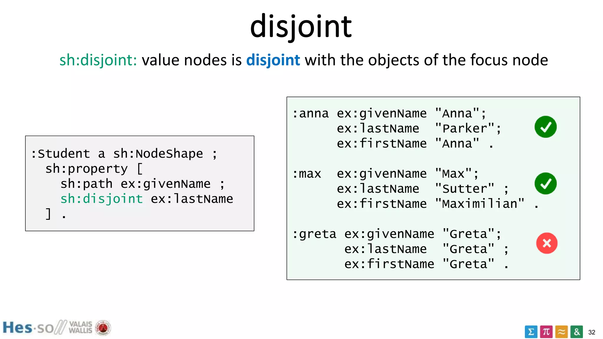 32
disjoint
:Student a sh:NodeShape ;
sh:property [
sh:path ex:givenName ;
sh:disjoint ex:lastName
] .
:anna ex:givenName "Anna";
ex:lastName "Parker";
ex:firstName "Anna" .
:max ex:givenName "Max";
ex:lastName "Sutter" ;
ex:firstName "Maximilian" .
:greta ex:givenName "Greta";
ex:lastName "Greta" ;
ex:firstName "Greta" .
sh:disjoint: value nodes is disjoint with the objects of the focus node
 