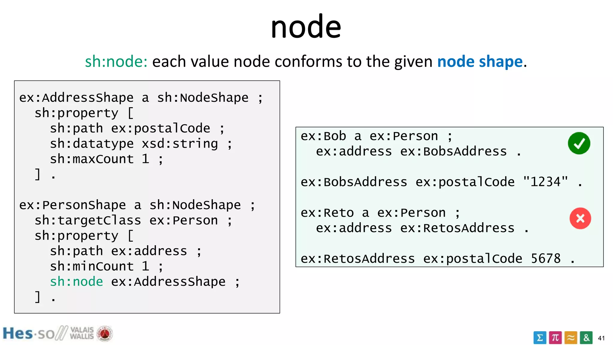 41
node
ex:AddressShape a sh:NodeShape ;
sh:property [
sh:path ex:postalCode ;
sh:datatype xsd:string ;
sh:maxCount 1 ;
] .
ex:PersonShape a sh:NodeShape ;
sh:targetClass ex:Person ;
sh:property [
sh:path ex:address ;
sh:minCount 1 ;
sh:node ex:AddressShape ;
] .
ex:Bob a ex:Person ;
ex:address ex:BobsAddress .
ex:BobsAddress ex:postalCode "1234" .
ex:Reto a ex:Person ;
ex:address ex:RetosAddress .
ex:RetosAddress ex:postalCode 5678 .
sh:node: each value node conforms to the given node shape.
 