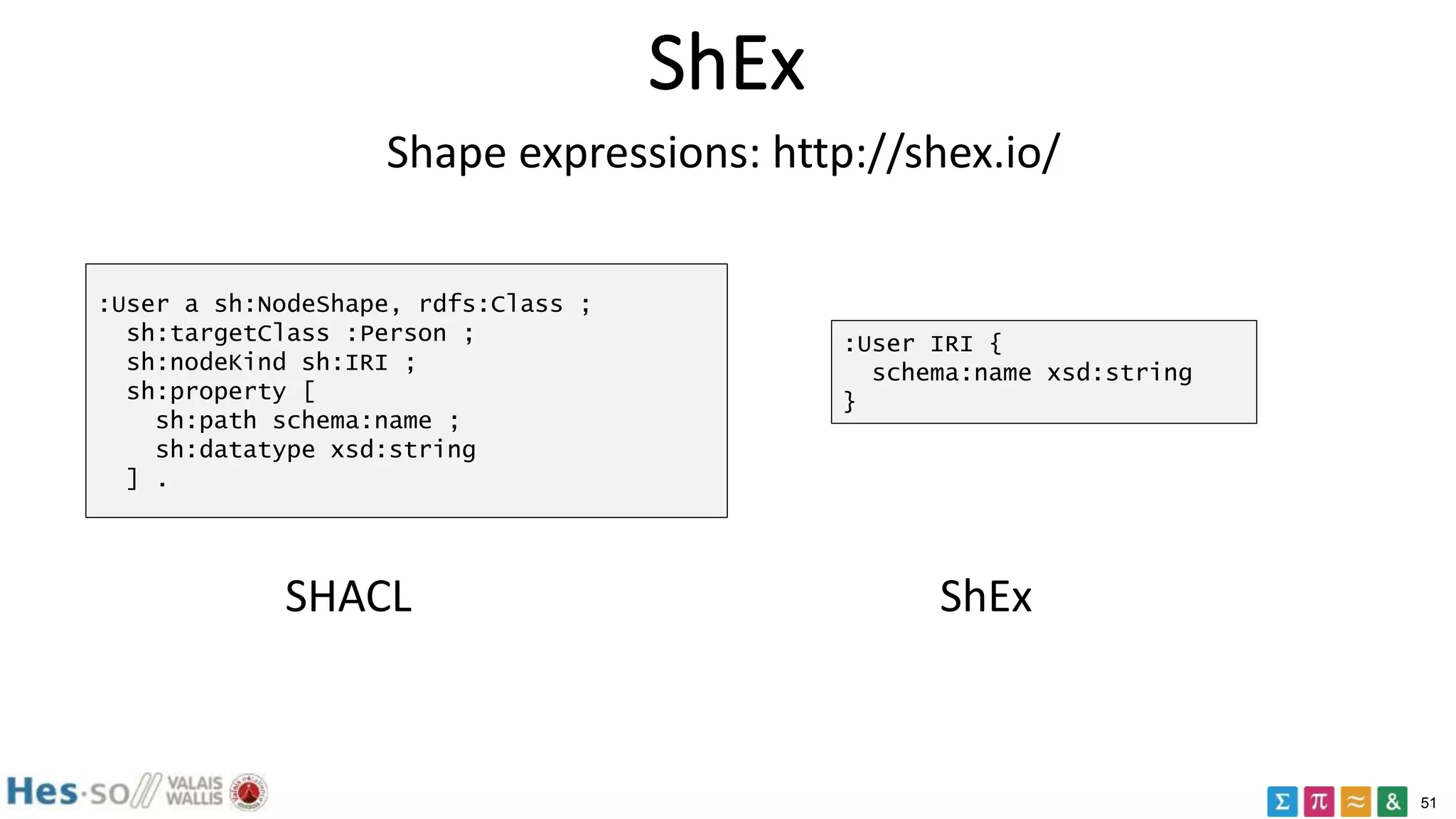 51
ShEx
:User IRI {
schema:name xsd:string
}
:User a sh:NodeShape, rdfs:Class ;
sh:targetClass :Person ;
sh:nodeKind sh:IRI ;
sh:property [
sh:path schema:name ;
sh:datatype xsd:string
] .
Shape expressions: http://shex.io/
SHACL ShEx
 