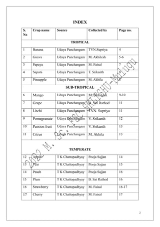 2
INDEX
S.
No
Crop name Source Collected by Page no.
TROPICAL
1 Banana Udaya Panchangam TVN.Supriya 4
2 Guava Udaya Panchangam M. Akhilesh 5-6
3 Papaya Udaya Panchangam M. Faisal 7
4 Sapota Udaya Panchangam T. Srikanth 8
5 Pineapple Udaya Panchangam M. Akhila 8
SUB-TROPICAL
6 Mango Udaya Panchangam M. Akhilesh 9-10
7 Grape Udaya Panchangam B. Sai Rathod 11
8 Litchi Udaya Panchangam TVN. Supriya 11
9 Pomegranate Udaya Panchangam V. Srikanth 12
10 Passion fruit Udaya Panchangam V. Srikanth 13
11 Citrus Udaya Panchangam M. Akhila 13
TEMPERATE
12 Apple T K Chattopadhyay Pooja Sajjan 14
13 Pear T K Chattopadhyay Pooja Sajjan 15
14 Peach T K Chattopadhyay Pooja Sajjan 16
15 Plum T K Chattopadhyay B. Sai Rathod 16
16 Strawberry T K Chattopadhyay M. Faisal 16-17
17 Cherry T K Chattopadhyay M. Faisal 17
 