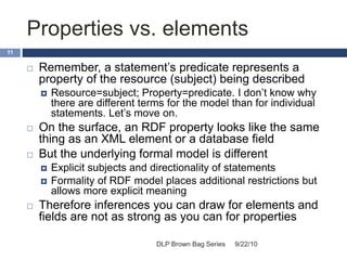 Properties vs. elements
9/22/10DLP Brown Bag Series
11
 Remember, a statement’s predicate represents a
property of the resource (subject) being described
 Resource=subject; Property=predicate. I don’t know why
there are different terms for the model than for individual
statements. Let’s move on.
 On the surface, an RDF property looks like the same
thing as an XML element or a database field
 But the underlying formal model is different
 Explicit subjects and directionality of statements
 Formality of RDF model places additional restrictions but
allows more explicit meaning
 Therefore inferences you can draw for elements and
fields are not as strong as you can for properties
 