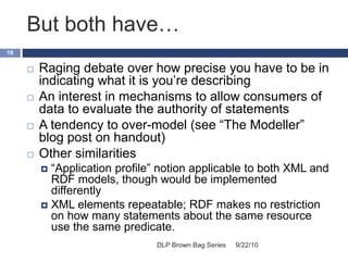 But both have…
9/22/10DLP Brown Bag Series
16
 Raging debate over how precise you have to be in
indicating what it is you’re describing
 An interest in mechanisms to allow consumers of
data to evaluate the authority of statements
 A tendency to over-model (see “The Modeller”
blog post on handout)
 Other similarities
 “Application profile” notion applicable to both XML and
RDF models, though would be implemented
differently
 XML elements repeatable; RDF makes no restriction
on how many statements about the same resource
use the same predicate.
 