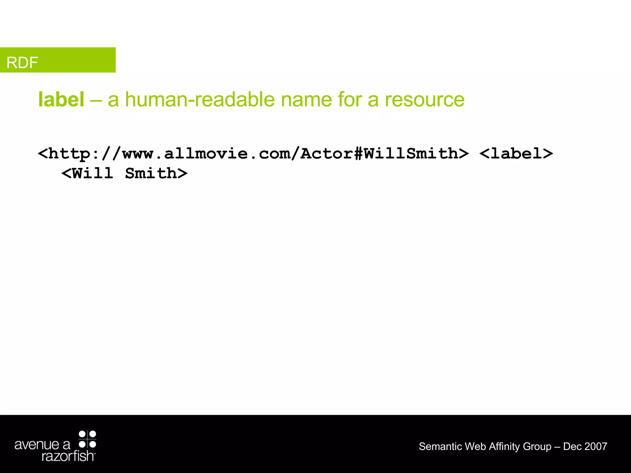 label  – a human-readable name for a resource <http://www.allmovie.com/Actor#WillSmith> <label> <Will Smith> RDF 