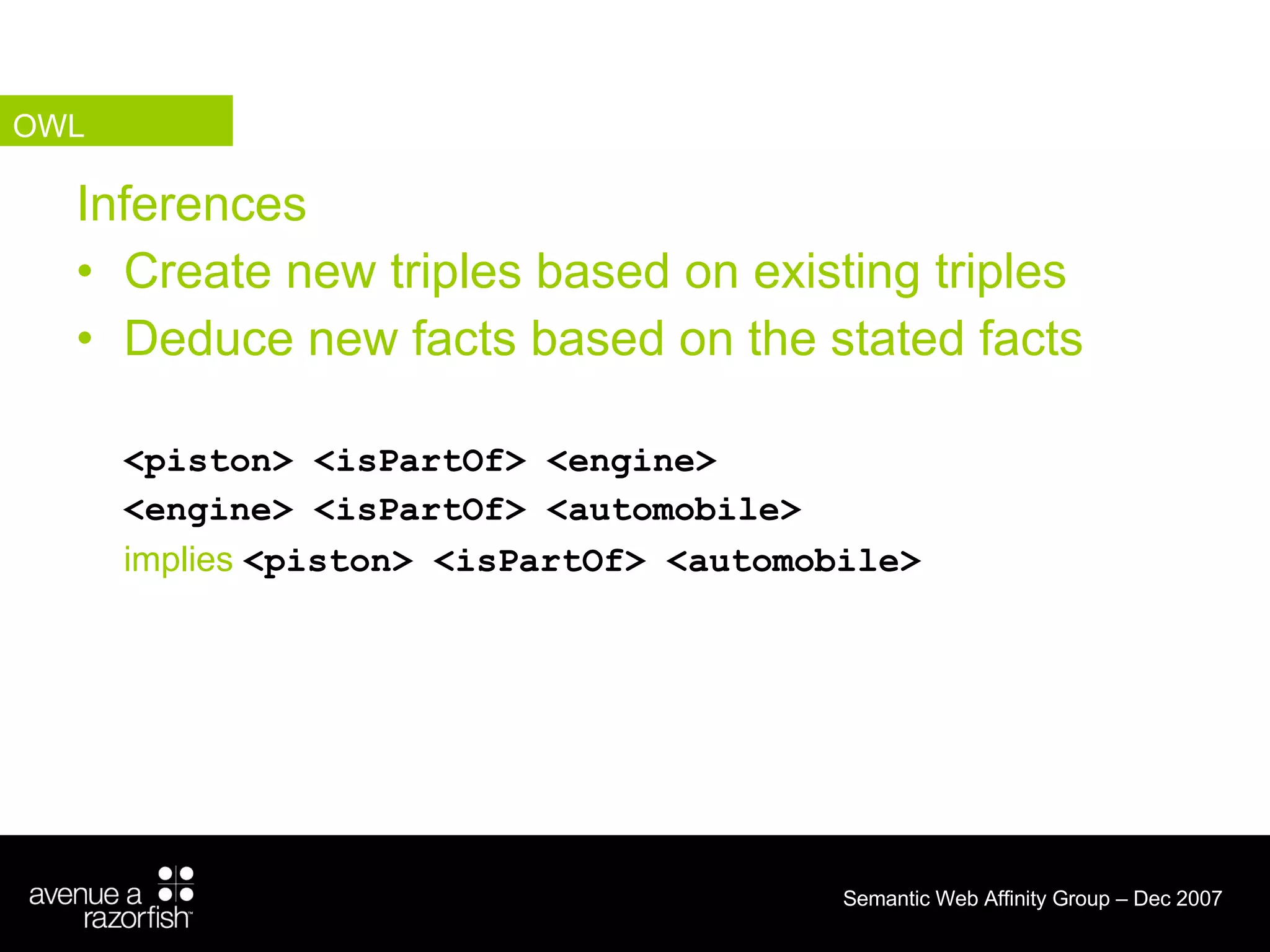 Inferences Create new triples based on existing triples Deduce new facts based on the stated facts <piston> <isPartOf> <engine> <engine> <isPartOf> <automobile> implies  <piston> <isPartOf> <automobile> OWL 
