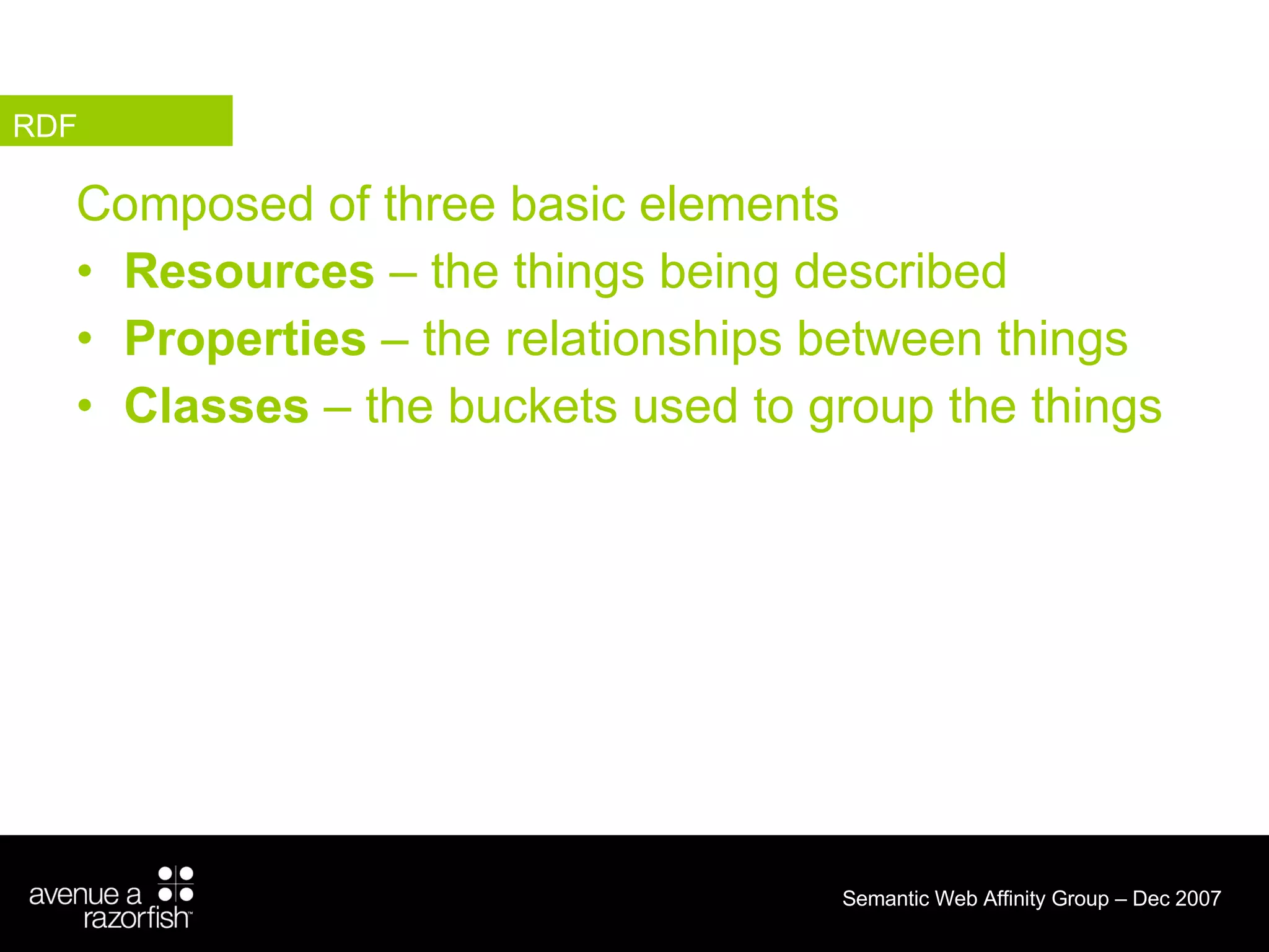 Composed of three basic elements Resources  – the things being described Properties  – the relationships between things Classes  – the buckets used to group the things RDF 