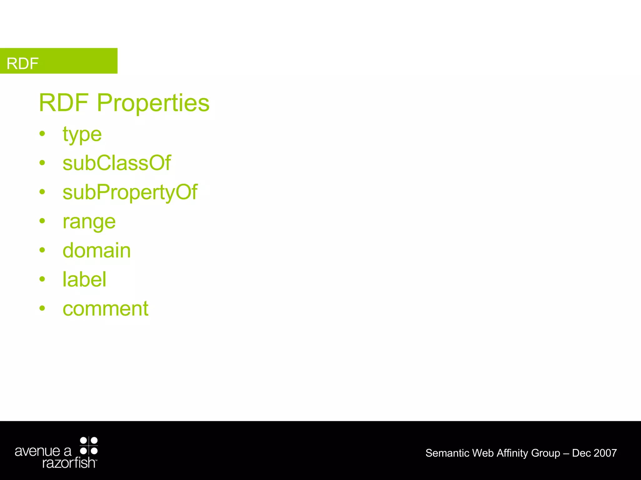 RDF Properties type  subClassOf subPropertyOf range  domain label comment RDF 