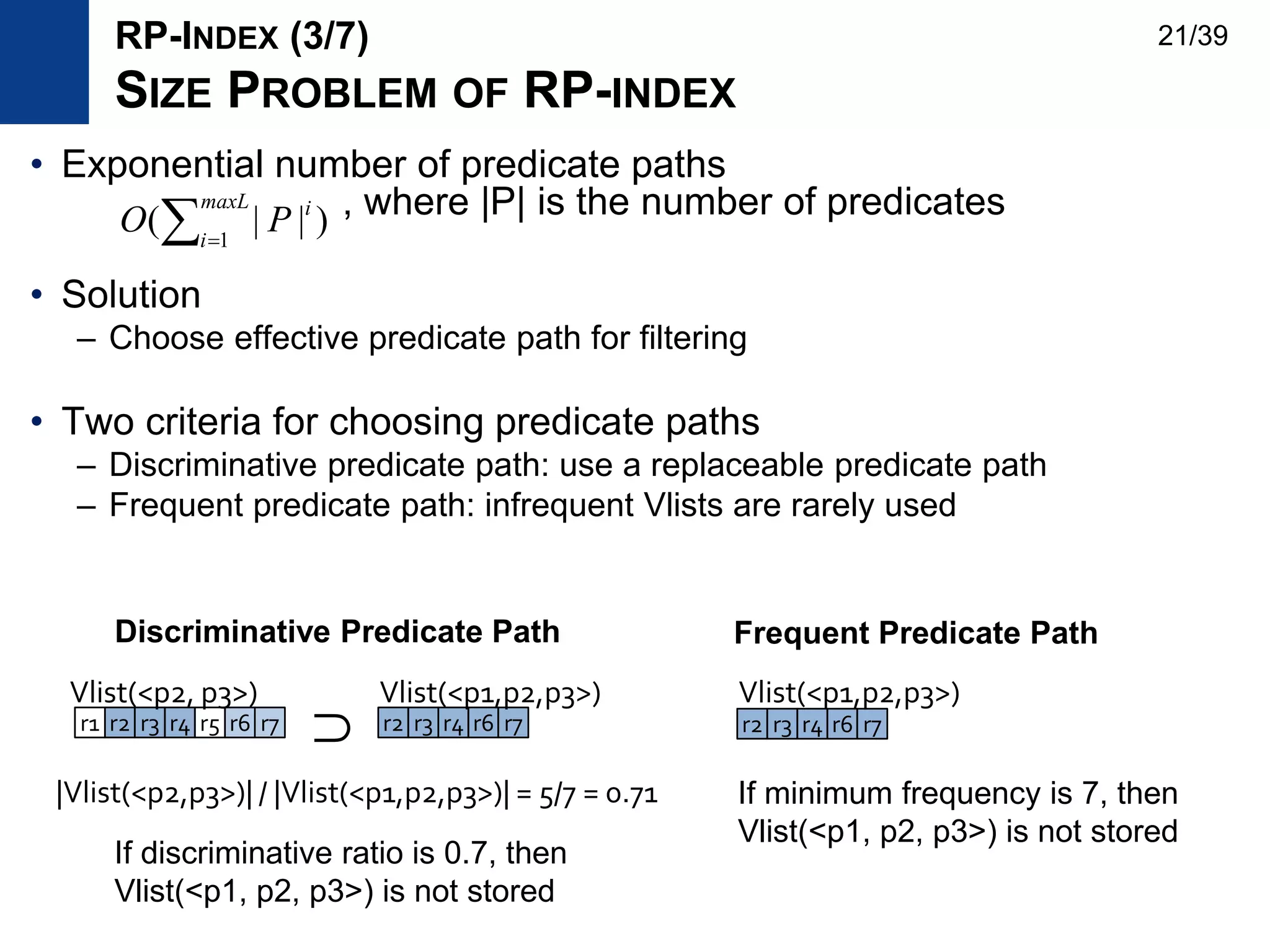 • Exponential number of predicate paths
, where |P| is the number of predicates
• Solution
– Choose effective predicate path for filtering
• Two criteria for choosing predicate paths
– Discriminative predicate path: use a replaceable predicate path
– Frequent predicate path: infrequent Vlists are rarely used
)||( 1
maxL
i
i
PO
r1 r2 r3 r4 r5 r6 r7 r2 r3 r4 r6 r7
Vlist(<p2, p3>) Vlist(<p1,p2,p3>)
|Vlist(<p2,p3>)| / |Vlist(<p1,p2,p3>)| = 5/7 = 0.71
∩
RP-INDEX (3/7)
SIZE PROBLEM OF RP-INDEX
If discriminative ratio is 0.7, then
Vlist(<p1, p2, p3>) is not stored
If minimum frequency is 7, then
Vlist(<p1, p2, p3>) is not stored
r2 r3 r4 r6 r7
Vlist(<p1,p2,p3>)
Discriminative Predicate Path Frequent Predicate Path
21/39
 