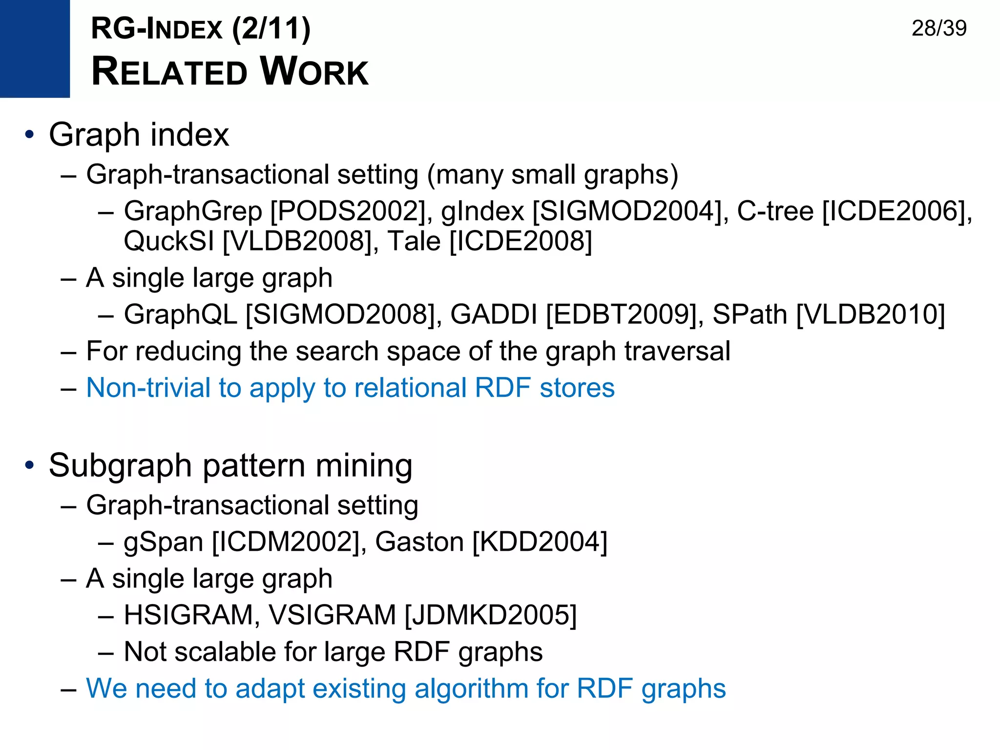 • Graph index
– Graph-transactional setting (many small graphs)
– GraphGrep [PODS2002], gIndex [SIGMOD2004], C-tree [ICDE2006],
QuckSI [VLDB2008], Tale [ICDE2008]
– A single large graph
– GraphQL [SIGMOD2008], GADDI [EDBT2009], SPath [VLDB2010]
– For reducing the search space of the graph traversal
– Non-trivial to apply to relational RDF stores
• Subgraph pattern mining
– Graph-transactional setting
– gSpan [ICDM2002], Gaston [KDD2004]
– A single large graph
– HSIGRAM, VSIGRAM [JDMKD2005]
– Not scalable for large RDF graphs
– We need to adapt existing algorithm for RDF graphs
RG-INDEX (2/11)
RELATED WORK
28/39
 