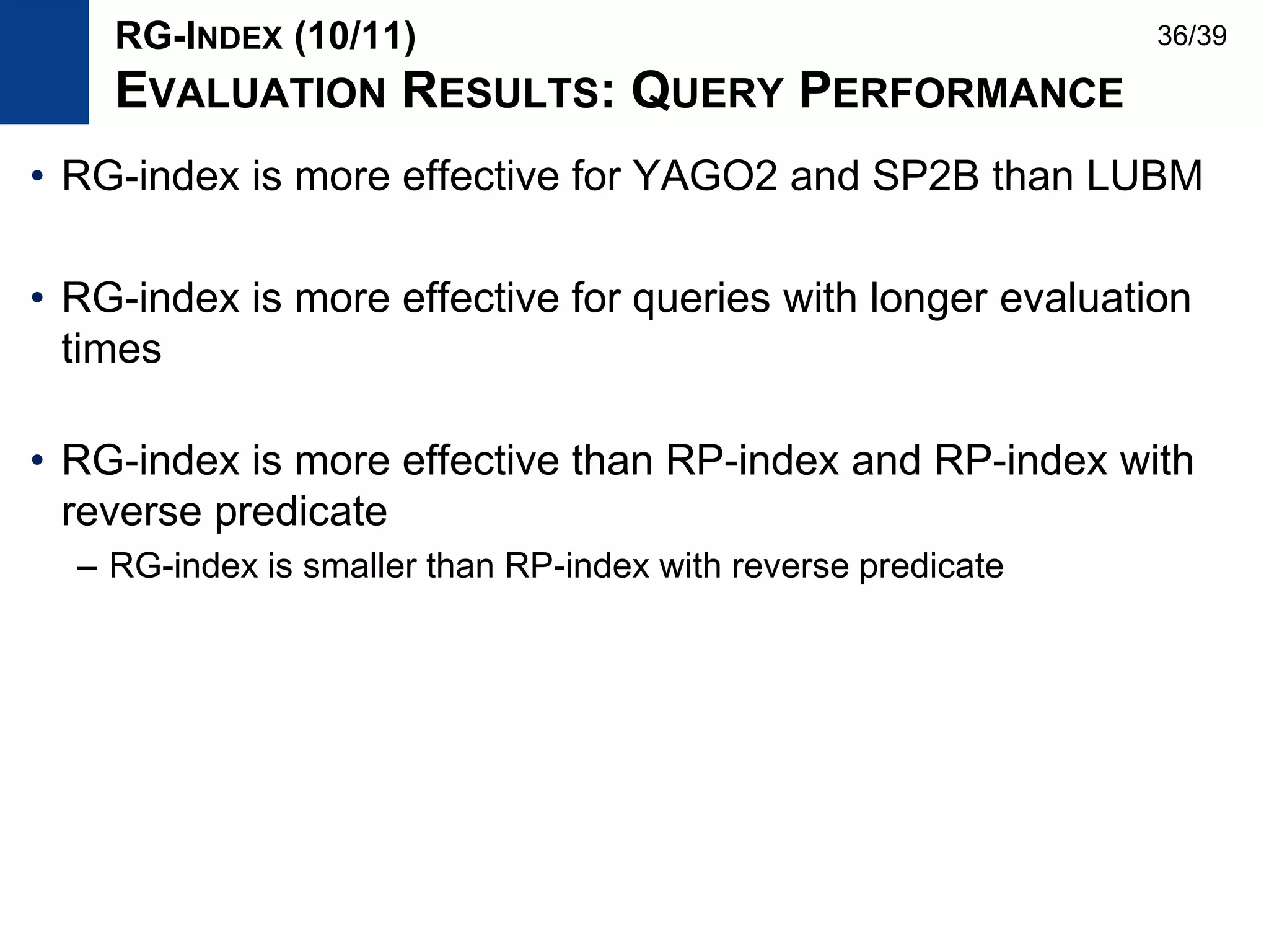 • RG-index is more effective for YAGO2 and SP2B than LUBM
• RG-index is more effective for queries with longer evaluation
times
• RG-index is more effective than RP-index and RP-index with
reverse predicate
– RG-index is smaller than RP-index with reverse predicate
RG-INDEX (10/11)
EVALUATION RESULTS: QUERY PERFORMANCE
36/39
 