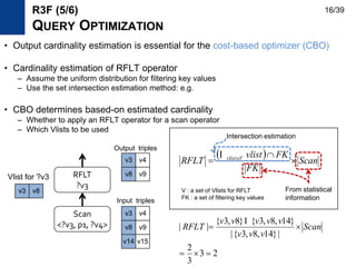 • Output cardinality estimation is essential for the cost-based optimizer (CBO)
• Cardinality estimation of RFLT operator
– Assume the uniform distribution for filtering key values
– Use the set intersection estimation method: e.g.
• CBO determines based-on estimated cardinality
– Whether to apply an RFLT operator for a scan operator
– Which Vlists to be used
Scan
<?v3, p1, ?v4>
RFLT
?v3
v3 v8
Vlist for ?v3
R3F (5/6)
QUERY OPTIMIZATION
v3 v4
v8 v9
v14 v15
v3 v4
v8 v9
Input triples
Output triples
  Scan
FK
FKvlist
RFLT Vvlist


 
V : a set of Vlists for RFLT
FK : a set of filtering key values
Intersection estimation
From statistical
information
23
3
2
|}14,8,3{|
}14,8,3{}8,3{
||

 Scan
vvv
vvvvv
RFLT

16/39
 
