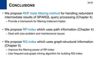 CONCLUSIONS
• We propose RDF triple filtering method for handling redundant
intermediate results of SPARQL query processing (Chapter 4)
– Provide a framework for filtering irrelevant triples
• We propose RP-index which uses path information (Chapter 4)
– Deal with size problem and maintenance issues
• We propose RG-index which uses graph-structural information
(Chapter 5)
– Improve the filtering power of RP-index
– Use frequent sub-graph mining algorithm for building RG-index
38/39
 