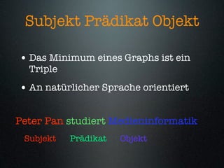 Subjekt Prädikat Objekt

• Das Minimum eines Graphs ist ein
  Triple
• An natürlicher Sprache orientiert

Peter Pan studiert Medieninformatik
 Subjekt   Prädikat   Objekt
 