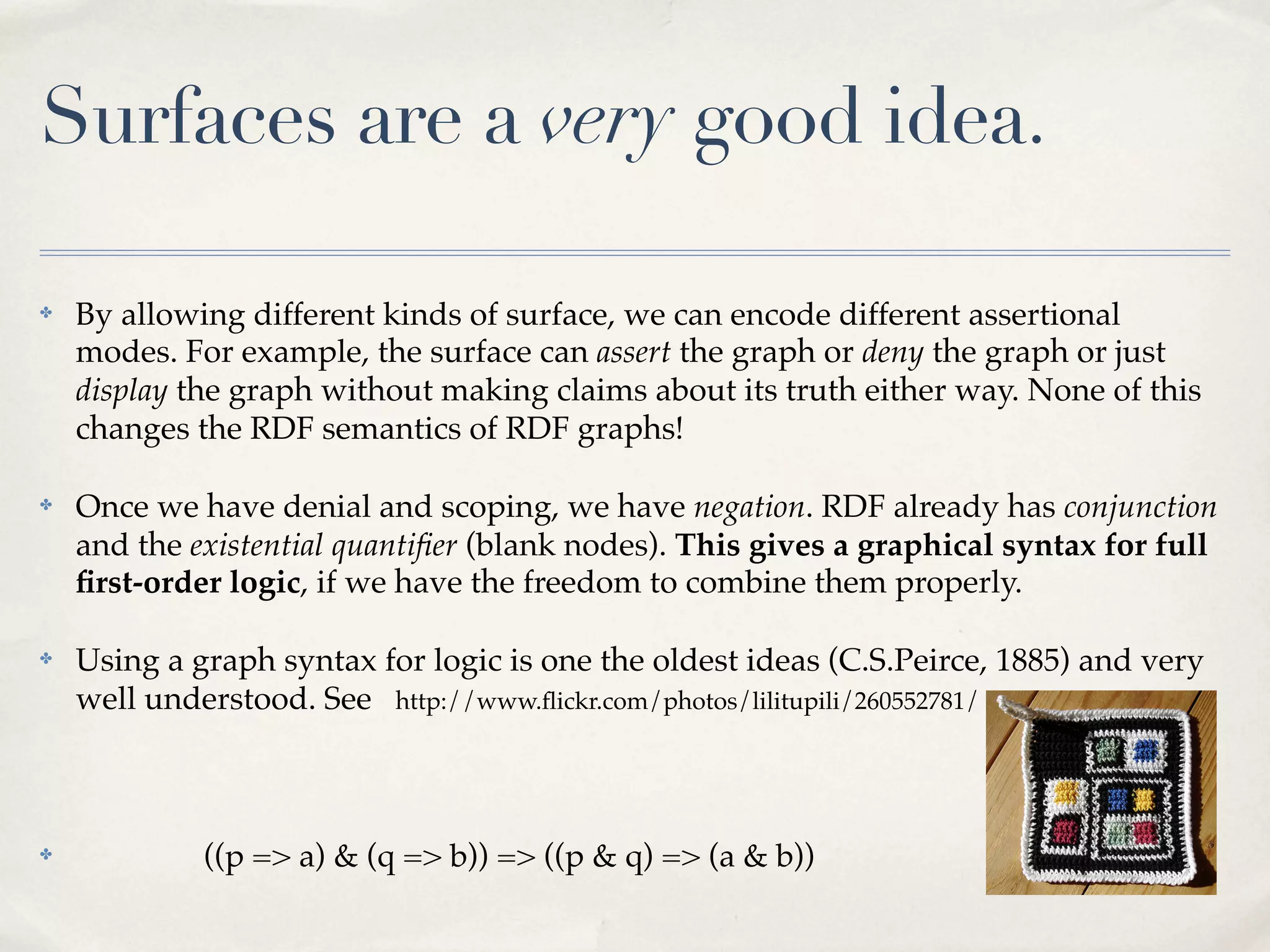 Surfaces are a very good idea.

✤   By allowing different kinds of surface, we can encode different assertional
    modes. For example, the surface can assert the graph or deny the graph or just
    display the graph without making claims about its truth either way. None of this
    changes the RDF semantics of RDF graphs!

✤   Once we have denial and scoping, we have negation. RDF already has conjunction
    and the existential quantiﬁer (blank nodes). This gives a graphical syntax for full
    ﬁrst-order logic, if we have the freedom to combine them properly.

✤   Using a graph syntax for logic is one the oldest ideas (C.S.Peirce, 1885) and very
    well understood. See http://www.ﬂickr.com/photos/lilitupili/260552781/



✤            ((p => a) & (q => b)) => ((p & q) => (a & b))
 