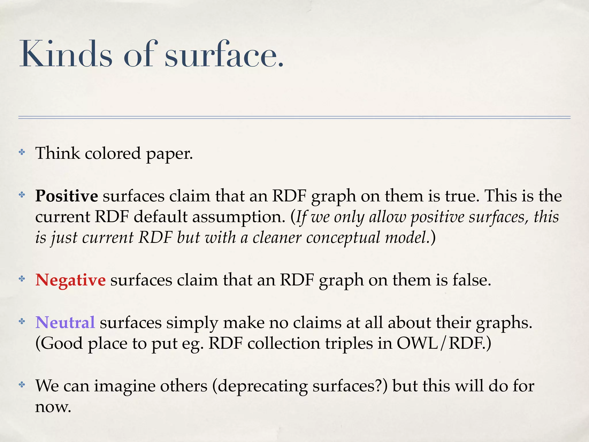 Kinds of surface.

✤   Think colored paper.

✤   Positive surfaces claim that an RDF graph on them is true. This is the
    current RDF default assumption. (If we only allow positive surfaces, this
    is just current RDF but with a cleaner conceptual model.)

✤   Negative surfaces claim that an RDF graph on them is false.

✤   Neutral surfaces simply make no claims at all about their graphs.
    (Good place to put eg. RDF collection triples in OWL/RDF.)

✤   We can imagine others (deprecating surfaces?) but this will do for
    now.
 