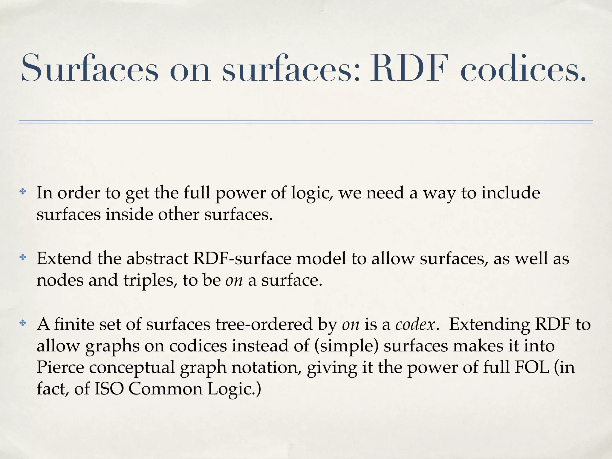 Surfaces on surfaces: RDF codices.


✤   In order to get the full power of logic, we need a way to include
    surfaces inside other surfaces.

✤   Extend the abstract RDF-surface model to allow surfaces, as well as
    nodes and triples, to be on a surface.

✤   A ﬁnite set of surfaces tree-ordered by on is a codex. Extending RDF to
    allow graphs on codices instead of (simple) surfaces makes it into
    Pierce conceptual graph notation, giving it the power of full FOL (in
    fact, of ISO Common Logic.)
 