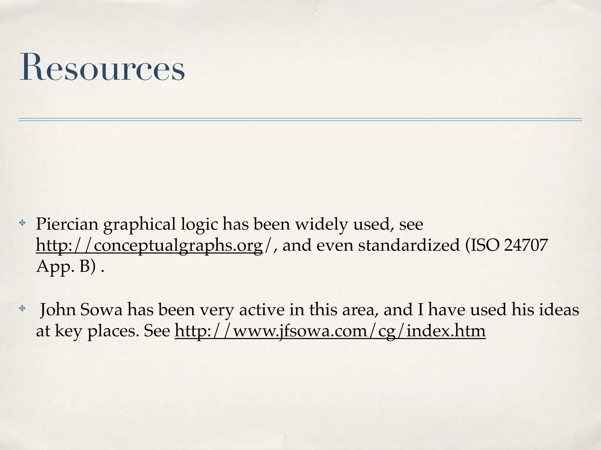 Resources


✤   Piercian graphical logic has been widely used, see
    http://conceptualgraphs.org/, and even standardized (ISO 24707
    App. B) .

✤    John Sowa has been very active in this area, and I have used his ideas
    at key places. See http://www.jfsowa.com/cg/index.htm
 