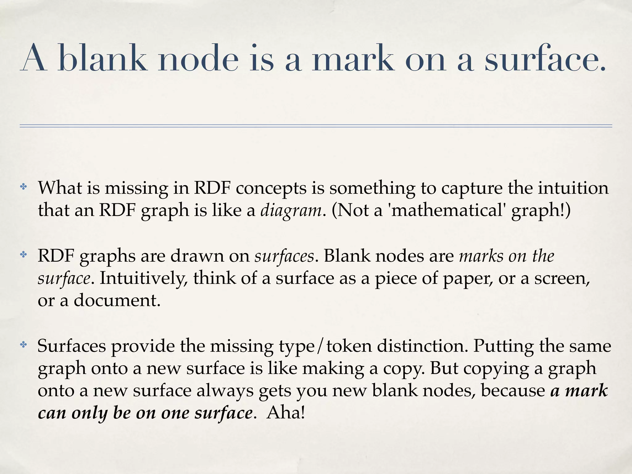 A blank node is a mark on a surface.


✤   What is missing in RDF concepts is something to capture the intuition
    that an RDF graph is like a diagram. (Not a 'mathematical' graph!)

✤   RDF graphs are drawn on surfaces. Blank nodes are marks on the
    surface. Intuitively, think of a surface as a piece of paper, or a screen,
    or a document.

✤   Surfaces provide the missing type/token distinction. Putting the same
    graph onto a new surface is like making a copy. But copying a graph
    onto a new surface always gets you new blank nodes, because a mark
    can only be on one surface. Aha!
 
