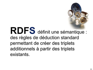 RDFS définit une sémantique :
des règles de déduction standard
permettant de créer des triplets
additionnels à partir des triplets
existants.

11

 