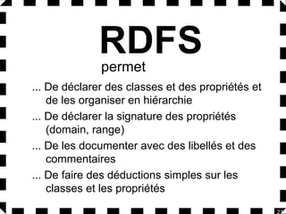 RDFS
permet

... De déclarer des classes et des propriétés et
de les organiser en hiérarchie
... De déclarer la signature des propriétés
(domain, range)
... De les documenter avec des libellés et des
commentaires
... De faire des déductions simples sur les
classes et les propriétés
21

 