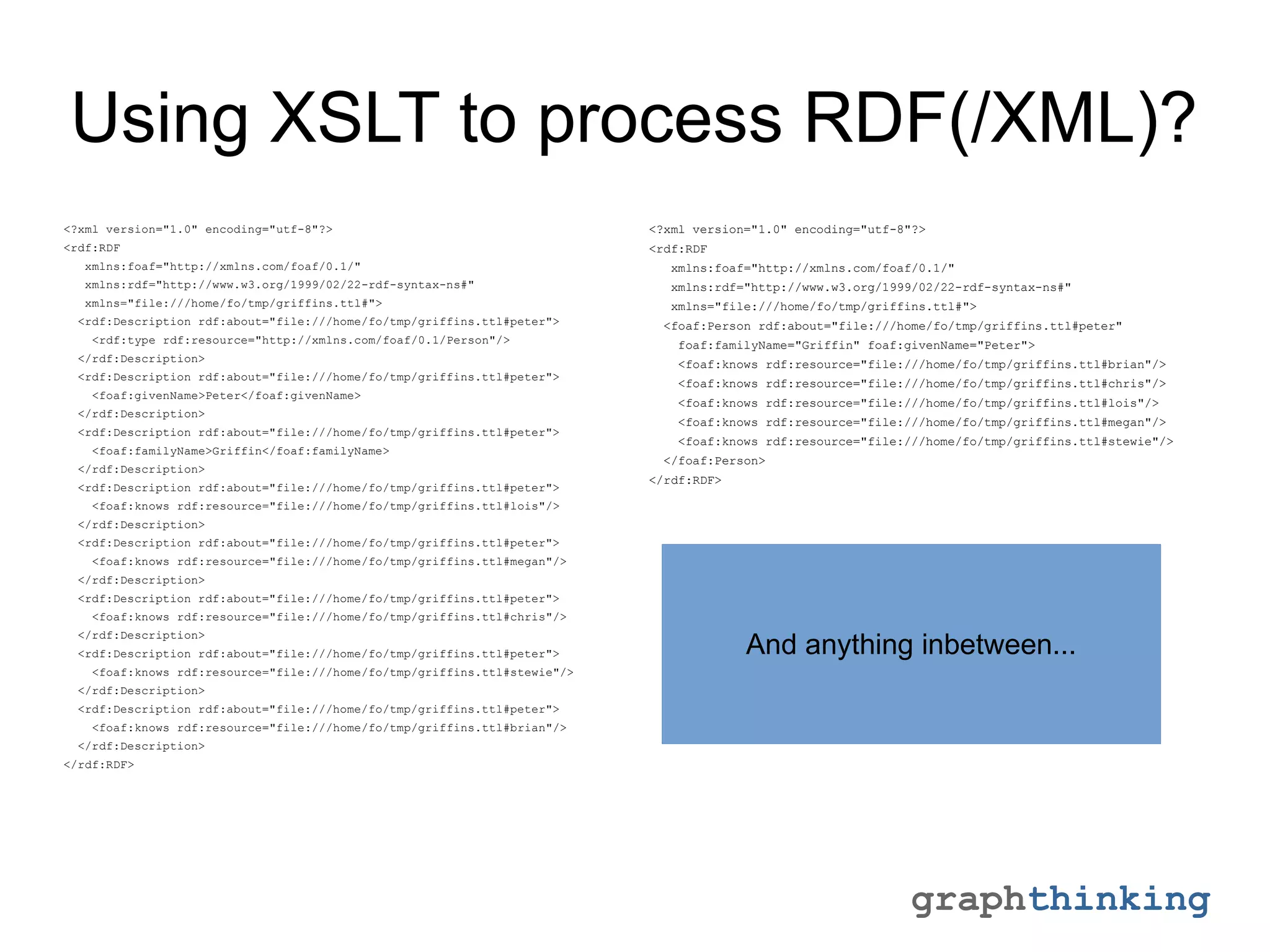 graphthinking
Using XSLT to process RDF(/XML)?
<?xml version="1.0" encoding="utf-8"?>
<rdf:RDF
xmlns:foaf="http://xmlns.com/foaf/0.1/"
xmlns:rdf="http://www.w3.org/1999/02/22-rdf-syntax-ns#"
xmlns="file:///home/fo/tmp/griffins.ttl#">
<foaf:Person rdf:about="file:///home/fo/tmp/griffins.ttl#peter"
foaf:familyName="Griffin" foaf:givenName="Peter">
<foaf:knows rdf:resource="file:///home/fo/tmp/griffins.ttl#brian"/>
<foaf:knows rdf:resource="file:///home/fo/tmp/griffins.ttl#chris"/>
<foaf:knows rdf:resource="file:///home/fo/tmp/griffins.ttl#lois"/>
<foaf:knows rdf:resource="file:///home/fo/tmp/griffins.ttl#megan"/>
<foaf:knows rdf:resource="file:///home/fo/tmp/griffins.ttl#stewie"/>
</foaf:Person>
</rdf:RDF>
<?xml version="1.0" encoding="utf-8"?>
<rdf:RDF
xmlns:foaf="http://xmlns.com/foaf/0.1/"
xmlns:rdf="http://www.w3.org/1999/02/22-rdf-syntax-ns#"
xmlns="file:///home/fo/tmp/griffins.ttl#">
<rdf:Description rdf:about="file:///home/fo/tmp/griffins.ttl#peter">
<rdf:type rdf:resource="http://xmlns.com/foaf/0.1/Person"/>
</rdf:Description>
<rdf:Description rdf:about="file:///home/fo/tmp/griffins.ttl#peter">
<foaf:givenName>Peter</foaf:givenName>
</rdf:Description>
<rdf:Description rdf:about="file:///home/fo/tmp/griffins.ttl#peter">
<foaf:familyName>Griffin</foaf:familyName>
</rdf:Description>
<rdf:Description rdf:about="file:///home/fo/tmp/griffins.ttl#peter">
<foaf:knows rdf:resource="file:///home/fo/tmp/griffins.ttl#lois"/>
</rdf:Description>
<rdf:Description rdf:about="file:///home/fo/tmp/griffins.ttl#peter">
<foaf:knows rdf:resource="file:///home/fo/tmp/griffins.ttl#megan"/>
</rdf:Description>
<rdf:Description rdf:about="file:///home/fo/tmp/griffins.ttl#peter">
<foaf:knows rdf:resource="file:///home/fo/tmp/griffins.ttl#chris"/>
</rdf:Description>
<rdf:Description rdf:about="file:///home/fo/tmp/griffins.ttl#peter">
<foaf:knows rdf:resource="file:///home/fo/tmp/griffins.ttl#stewie"/>
</rdf:Description>
<rdf:Description rdf:about="file:///home/fo/tmp/griffins.ttl#peter">
<foaf:knows rdf:resource="file:///home/fo/tmp/griffins.ttl#brian"/>
</rdf:Description>
</rdf:RDF>
And anything inbetween...
 