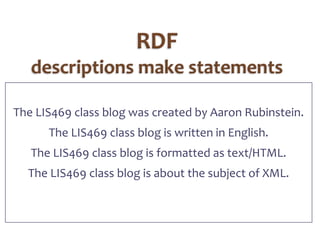RDFdescriptions make statementsThe LIS469 class blog was created by Aaron Rubinstein.The LIS469 class blog is written in English.The LIS469 class blog is formatted as text/HTML.The LIS469 class blog is about the subject of XML.