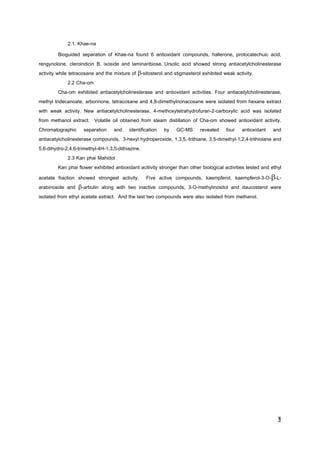 ฐ
2.1. Khae-na
Bioguided separation of Khae-na found 6 antioxidant compounds, hallerone, protocatechuic acid,
rengynolone, cleroindicin B, ixoside and laminaribiose. Ursolic acid showed strong antiacetylcholinesterase
activity while tetracosane and the mixture of -sitosterol and stigmasterol exhibited weak activity.
2.2 Cha-om
Cha-om exhibited antiacetylcholinesterase and antioxidant activities. Four antiacetylcholinesterase,
methyl tridecanoate, arborinone, tetracosane and 4,8-dimethylnonacosane were isolated from hexane extract
with weak activity. New antiacetylcholinesterase, 4-methoxytetrahydrofuran-2-carboxylic acid was isolated
from methanol extract. Volatile oil obtained from steam distillation of Cha-om showed antioxidant activity.
Chromatographic separation and identification by GC-MS revealed four antioxidant and
antiacetylcholinesterase compounds, 3-hexyl hydroperoxide, 1,3,5,-trithiane, 3,5-dimethyl-1,2,4-trithiolane and
5,6-dihydro-2,4,6-trimethyl-4H-1,3,5-dithiazine.
2.3 Kan phai Mahidol
Kan phai flower exhibited antioxidant acitivity stronger than other biological activities tested and ethyl
acetate fraction showed strongest activity. Five active compounds, kaempferol, kaempferol-3-O--L-
arabinoside and -arbutin along with two inactive compounds, 3-O-methylinositol and daucosterol were
isolated from ethyl acetate extract. And the last two compounds were also isolated from methanol.
 