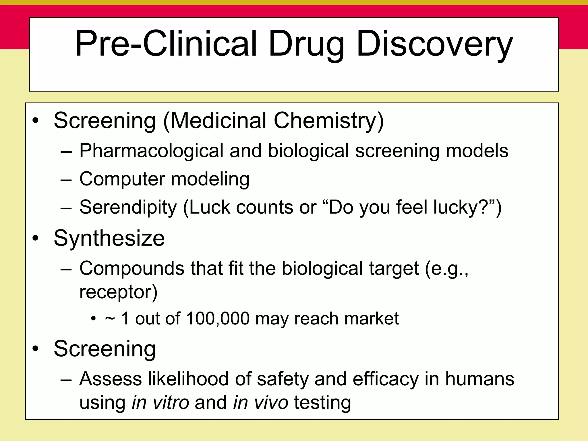 Pre-Clinical Drug Discovery

• Screening (Medicinal Chemistry)
  – Pharmacological and biological screening models
  – Computer modeling
  – Serendipity (Luck counts or “Do you feel lucky?”)
• Synthesize
  – Compounds that fit the biological target (e.g.,
    receptor)
        • ~ 1 out of 100,000 may reach market
• Screening
  – Assess likelihood of safety and efficacy in humans
    using in vitro and in vivo testing
    Presentation to ABC Pharma                  1/19/2010
 