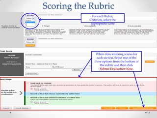 Scoring the Rubric
For each Rubric
Criterion, select the
appropriate score

When done entering scores for
each section, Select one of the
three options from the bottom of
the rubric and then click
Submit Evaluation Now.

14

 