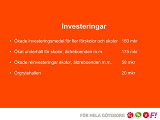 Investeringar 
• Ökade investeringsmedel för fler förskolor och skolor 150 mkr 
• Ökat underhåll för skolor, äldreboenden m.m. 175 mkr 
• Ökade reinvesteringar skolor, äldreboenden m.m. 58 mkr 
• Örgrytehallen 20 mkr 
 