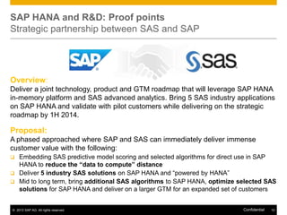 SAP HANA and R&D: Proof points
Strategic partnership between SAS and SAP

Overview:
Deliver a joint technology, product and GTM roadmap that will leverage SAP HANA
in-memory platform and SAS advanced analytics. Bring 5 SAS industry applications
on SAP HANA and validate with pilot customers while delivering on the strategic
roadmap by 1H 2014.

Proposal:
A phased approached where SAP and SAS can immediately deliver immense
customer value with the following:


Embedding SAS predictive model scoring and selected algorithms for direct use in SAP
HANA to reduce the “data to compute” distance
 Deliver 5 industry SAS solutions on SAP HANA and “powered by HANA”
 Mid to long term, bring additional SAS algorithms to SAP HANA, optimize selected SAS
solutions for SAP HANA and deliver on a larger GTM for an expanded set of customers

© 2013 SAP AG. All rights reserved.

Confidential

10

 
