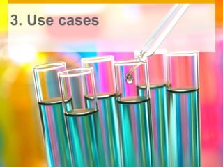 SAP HANA Platform – More than just a database
SAP HANA Innovations

3. Use cases
Innovation

Massively parallel execution

High throughput sequencing
and analysis

12 TB DRAM
servers in 2014

Large Data Sets in-memory

Genomics, proteomics
and patient data

Compression (5-20x)

Large data sets in-memory

Genomics, proteomics
and patient data

Combined Column
and Row Store

Column = Fast Queries

Adhoc queries using clinical data

Partitioning:
In-Database computing

Analyze large data sets
Complex computations

Genome alignment
Proteomics and Imaging data

No aggregate
tables

T

Application

Multi-core
architecture

+

Benefit

Flexible modeling
No data duplication

Data Model for combined clinical
and omics data

Text Analytics

Use of unstructured data

Physician’s letters
Scientific Literature

© 2013 SAP AG. All rights reserved.

Confidential

12

 