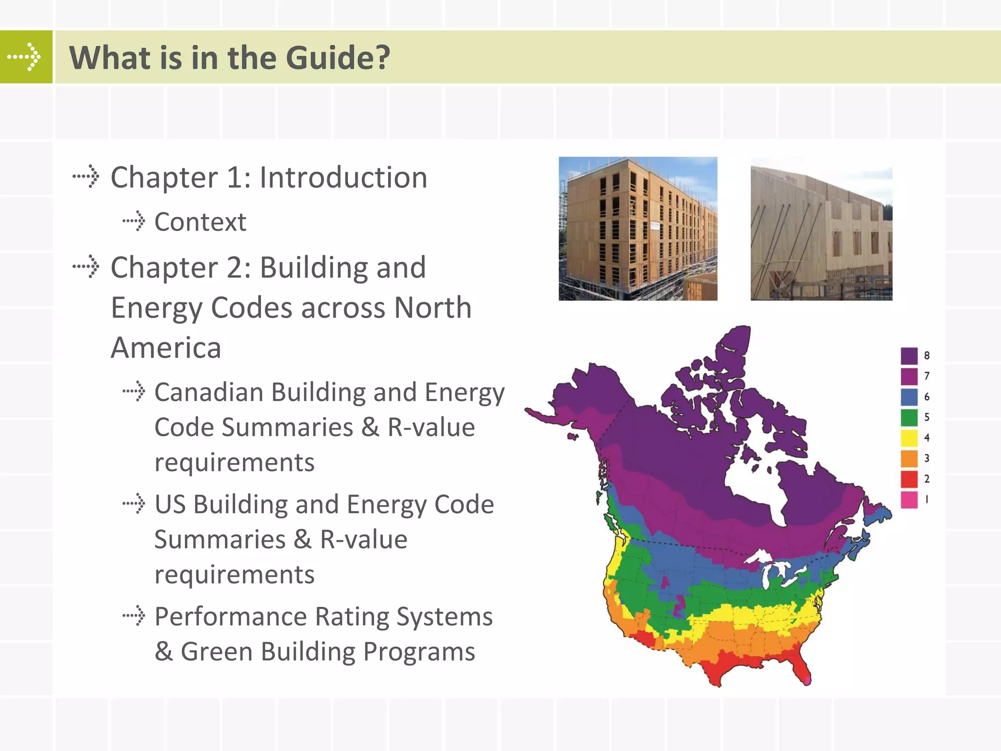 Chapter 1: Introduction
Context
Chapter 2: Building and
Energy Codes across North
America
Canadian Building and Energy
Code Summaries & R-value
requirements
US Building and Energy Code
Summaries & R-value
requirements
Performance Rating Systems
& Green Building Programs
What is in the Guide?
 
