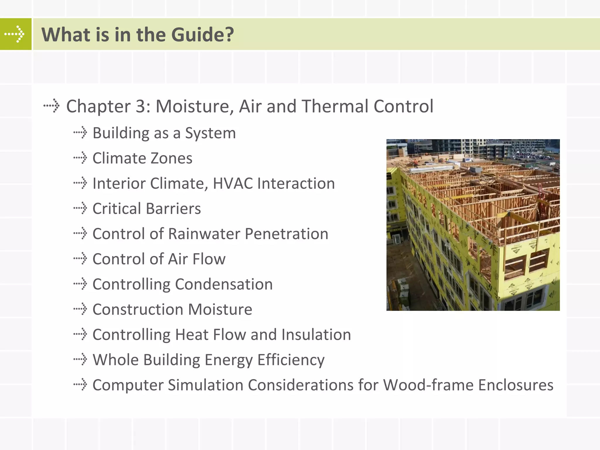 Chapter 3: Moisture, Air and Thermal Control
Building as a System
Climate Zones
Interior Climate, HVAC Interaction
Critical Barriers
Control of Rainwater Penetration
Control of Air Flow
Controlling Condensation
Construction Moisture
Controlling Heat Flow and Insulation
Whole Building Energy Efficiency
Computer Simulation Considerations for Wood-frame Enclosures
What is in the Guide?
 