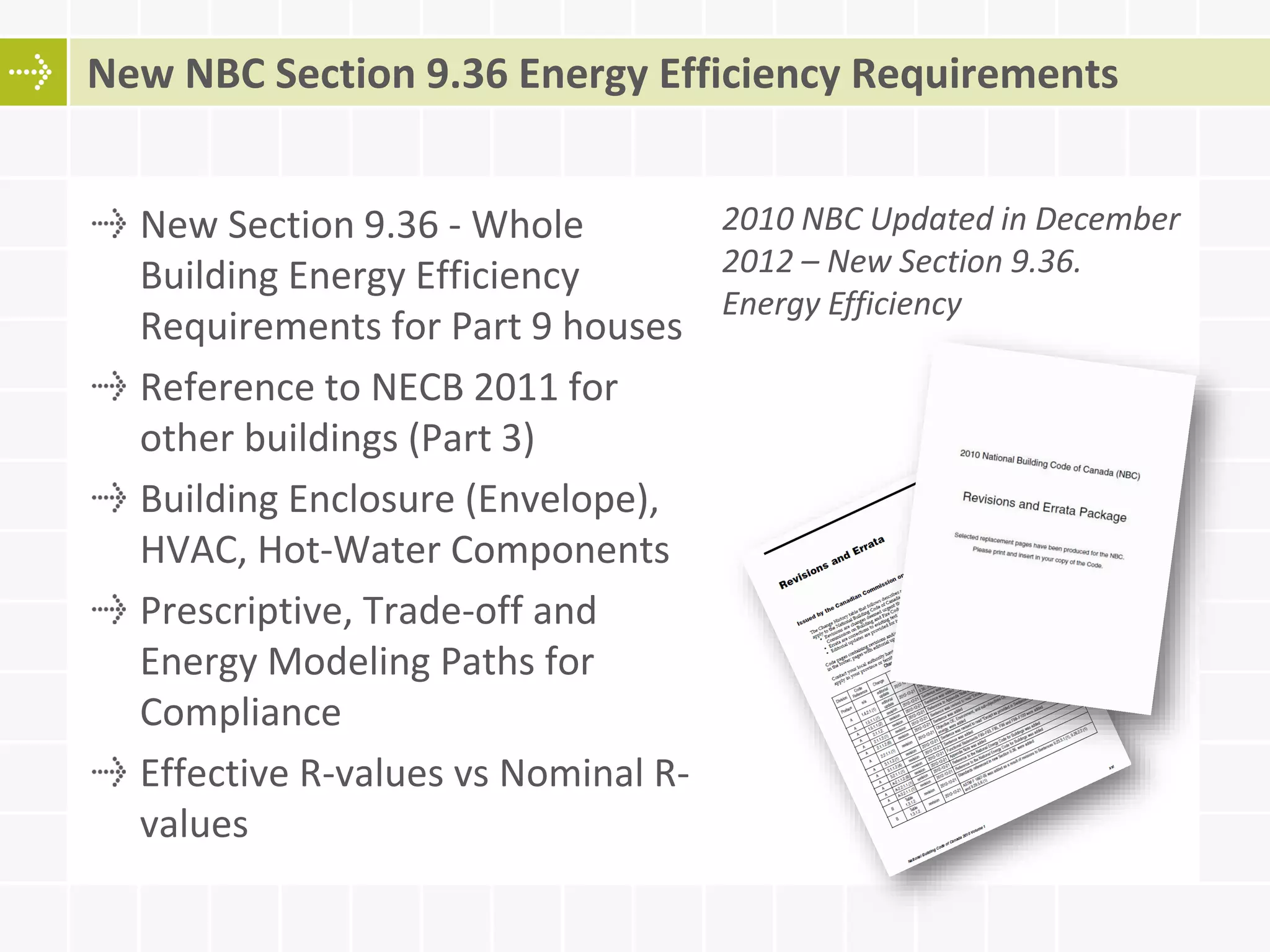 New Section 9.36 - Whole
Building Energy Efficiency
Requirements for Part 9 houses
Reference to NECB 2011 for
other buildings (Part 3)
Building Enclosure (Envelope),
HVAC, Hot-Water Components
Prescriptive, Trade-off and
Energy Modeling Paths for
Compliance
Effective R-values vs Nominal R-
values
New NBC Section 9.36 Energy Efficiency Requirements
2010 NBC Updated in December
2012 – New Section 9.36.
Energy Efficiency
 