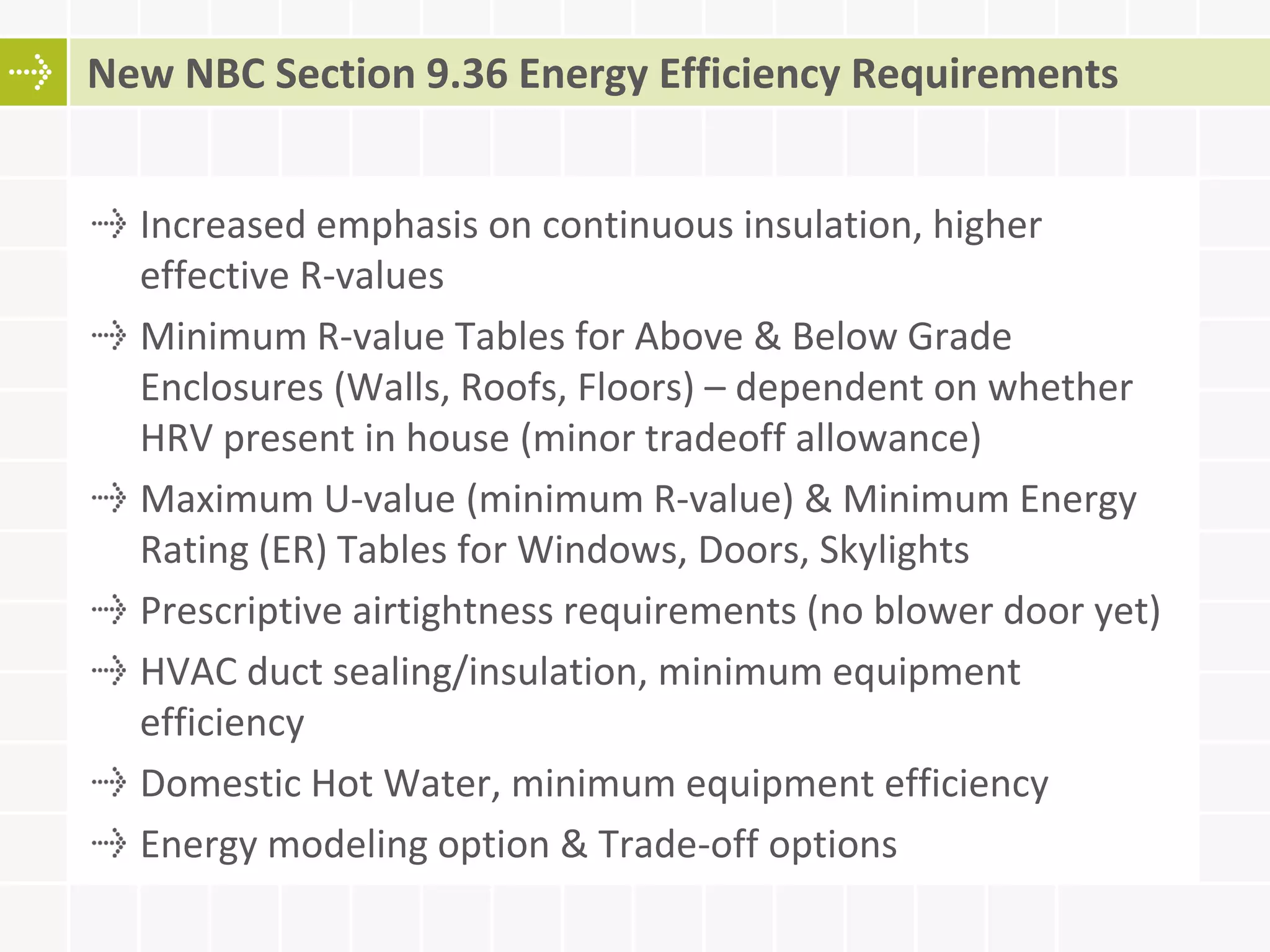 Increased emphasis on continuous insulation, higher
effective R-values
Minimum R-value Tables for Above & Below Grade
Enclosures (Walls, Roofs, Floors) – dependent on whether
HRV present in house (minor tradeoff allowance)
Maximum U-value (minimum R-value) & Minimum Energy
Rating (ER) Tables for Windows, Doors, Skylights
Prescriptive airtightness requirements (no blower door yet)
HVAC duct sealing/insulation, minimum equipment
efficiency
Domestic Hot Water, minimum equipment efficiency
Energy modeling option & Trade-off options
New NBC Section 9.36 Energy Efficiency Requirements
 