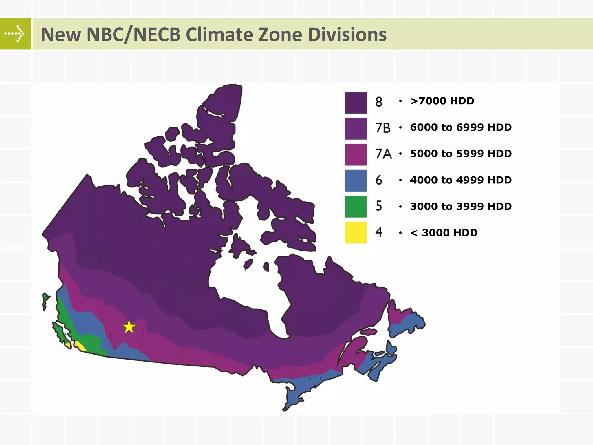 New NBC/NECB Climate Zone Divisions
• >7000 HDD
• 6000 to 6999 HDD
• 5000 to 5999 HDD
• 4000 to 4999 HDD
• 3000 to 3999 HDD
• < 3000 HDD
 