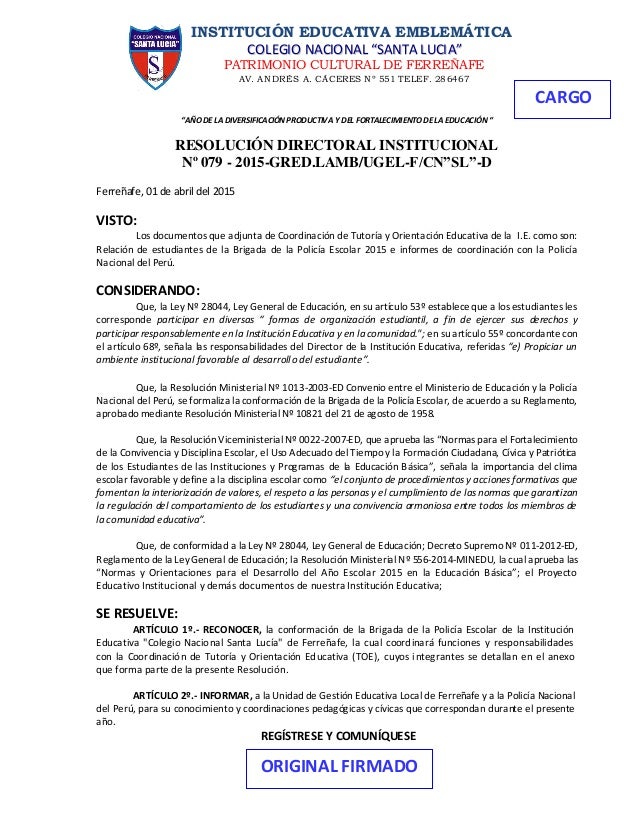 RESOLUCION DIRECTORAL INSTITUCIONAL 079 policia escolar