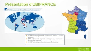 Présentation d’UBIFRANCE




         ► 73 300 accompagnements d’entreprises réalisés à travers
           le monde
         ► 2 900 événements organisés à l’étranger pour promouvoir
           le « Made in France »
         ► 18 800 Volontaires Internationaux en Entreprise
 
