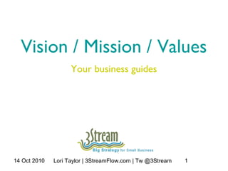 14 Oct 2010 Lori Taylor | 3StreamFlow.com | Tw @3Stream 1
Vision / Mission / Values
Your business guides
 