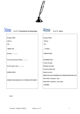 Le C.V. fonctionnel ou thématique Le C.V. mixte
Prénom NOM
Adresse
Tél :
OBJECTIF
Gestion ………….
Travail en bureau d’étude…………
Service après vente…………..
FORMATION
SPORTS PRATIQUES ET CENTRES D’INTERET
Prénom NOM
Adresse
Tél :
« TITRE »
FORMATION
EXPERIENCES
Lecture de plan
Montage de projet
Contact commercial
Etudes de devis
PRINCIPALES EXPERIENCES PROFESSIONNELLES
1993-1995 « Fonction » chez
1996-1999 « Fonction » à la société
LOISIRS
Doc 5
Formateur : Stéphane RISPAL Réaliser un C.V 5
 