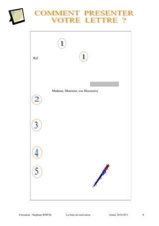 Formateur : Stéphane RISPAL La lettre de motivation Année 2010-2011
Réf.
Madame, Monsieur, (ou Messieurs)
8
 